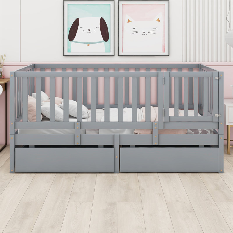 Lit plateforme avec garde-corps et 2 tiroirs, Gris