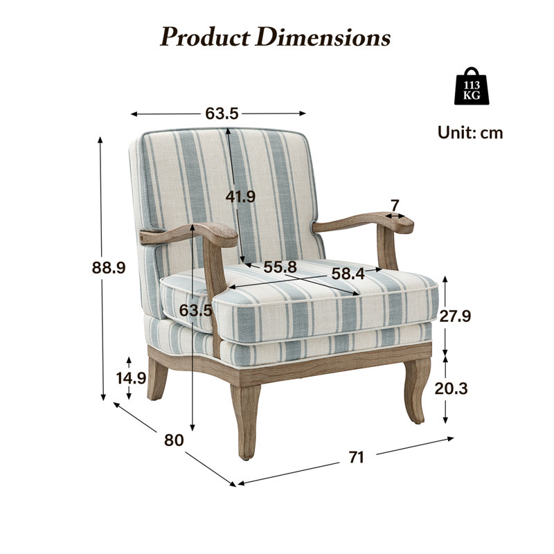 Peppone Country Wooden Upholstered Armchair with Solid Wood Armrests Set of 2, Blue