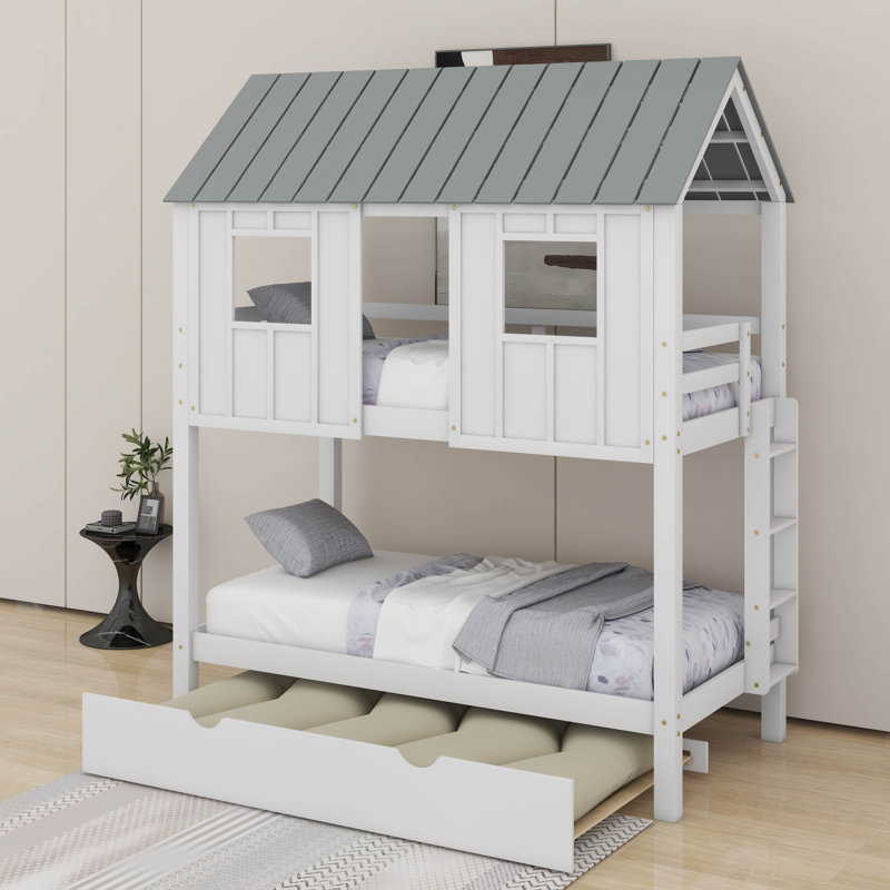 Twin Size House Bunk Bed With Trundle,Roof And Windows