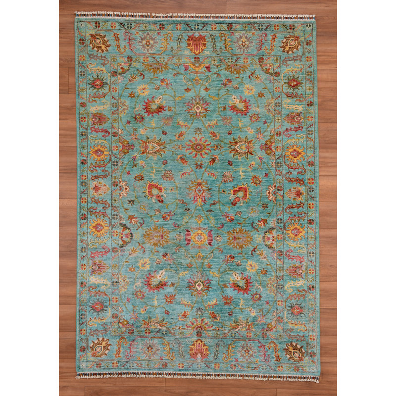 Tapis bleu sarcelle en laine et coton Original