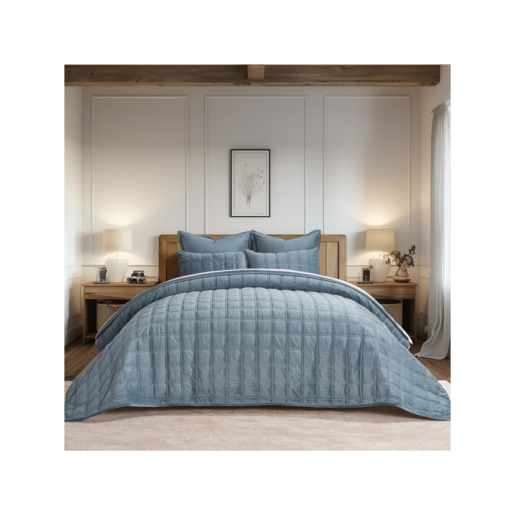 Double Box Stitch Velvet Quilt set, Blue Linen, King Quilt + 2 King Shams