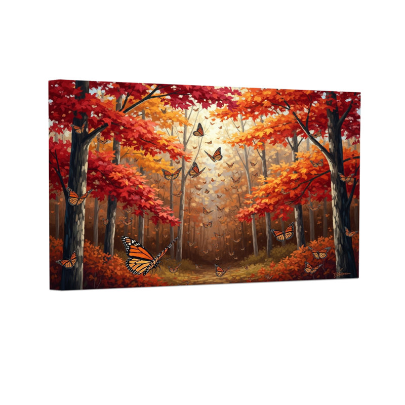 Paysage et nature, forêt d'automne avec papillons et feuilles colorées, H 24 po x l 36 po