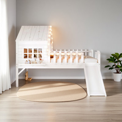 Lit mezzanine avec glissade House, lit de maison de jeu avec motifs en forme d'étoile en forme de lune et fenêtre, design chic avec lumières DEL, aucun sommier nécessaire