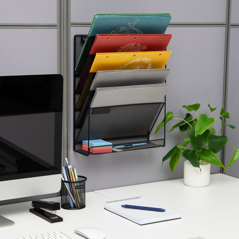 Mind Reader 5-Tier Vertical File Storage, Desktop Organizer, Wall Mount, Office, Metal Mesh, 12.75"L x 4"W x 16"H, Black