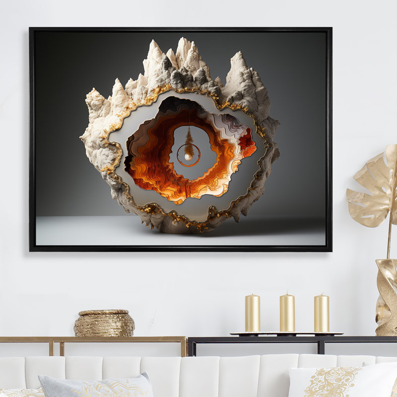 " Orange Stone Geode Minimalism Charm ", Black Floater Framed, 16" H x 32" W x 1" D