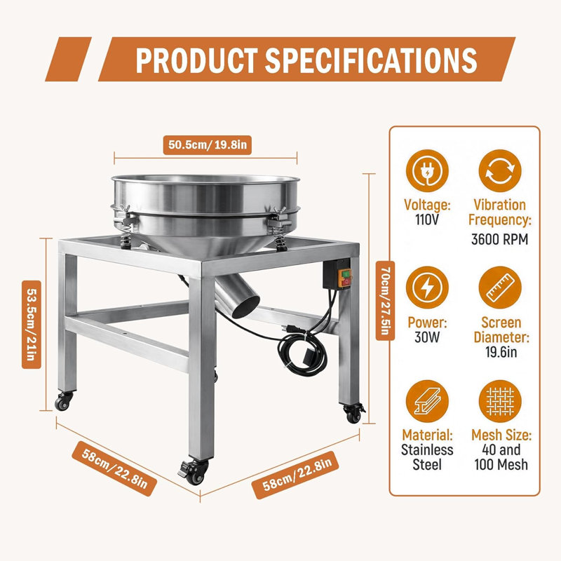 19.6" Stainless Steel Vibrating Sifter Machine, 110V Electric Sieve Shaker with 40 & 100 Mesh Screens, Industrial Powder Screening Machine for Flour, Spice, Grain, Lab& Food Processing