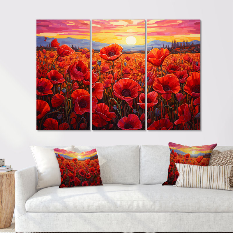 «Red Crimson Bloom Garden Serenade», ensemble d'art sur toile, Toile tendue, H 32 po x l 48 po x P 1 po