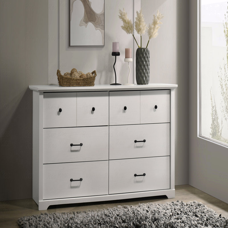 Commode 6 tiroirs, l 57 po avec poignées noires, Blanc