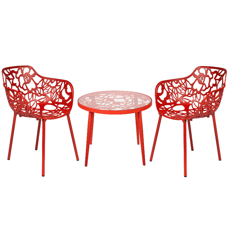 Holleman Mid-Century Modern 3-Piece Aluminum Outdoor Patio Set with Tempered Glass Top Table and 2 Stackable Flower Design Chairs for Patio, Poolside, Balcony, and Backyard Garden