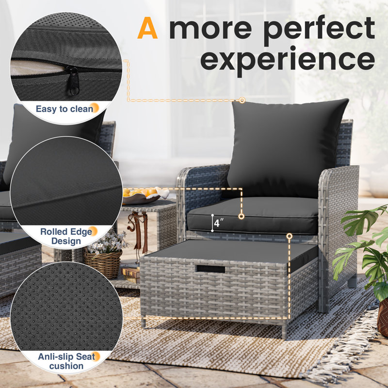 Billmont Wicker/Rattan 2 Person Seating Patio Conversation Sets With Ottoman,  Black Cushion/ Gray Frame