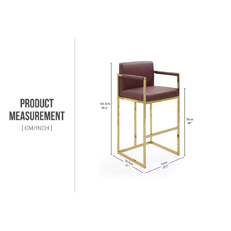 Tabouret de bar de 30 po de hauteur avec accoudoirs et base à finition dorée (rouge vin)