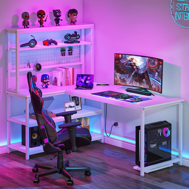 55" Large Computer Desk L-Shaped Desk with Wireless Charging and Bookshelf for Home Office, White
