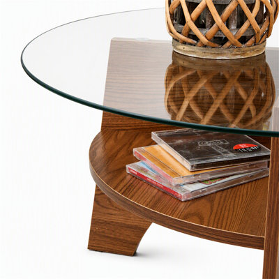 Table basse ronde en verre trempé avec pied en forme d'éventail, diamètre de 80 cm, design multifonctionnel pour différentes pièces