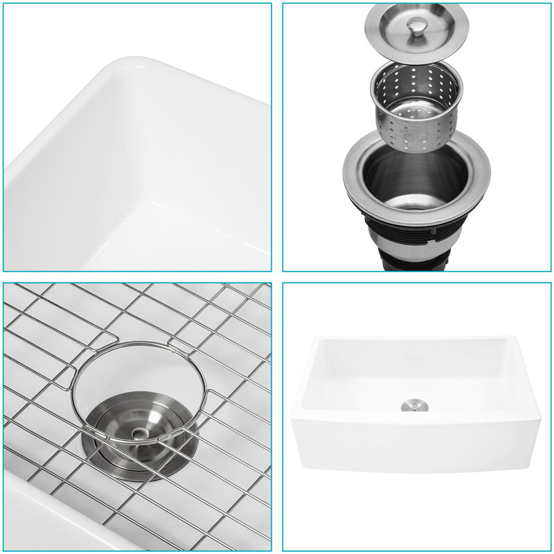 Évier de cuisine en céramique blanc de 33 po, tablier arqué à l'avant, résistant aux éraflures et aux égratignures, avec évier à panier à grille avec façade, surface à haute résistance, idéal pour, crépine