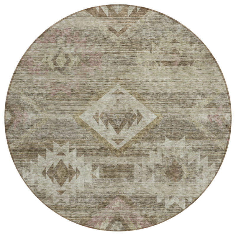 Tapis rond lavable intérieur / extérieur brun et brun clair 8 pi Southwestern