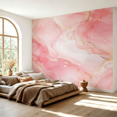 Papier peint adhésif peler et coller abstrait rose poudré rose aquarelle liquide à pois or lignes Pastel autocollant amovible en papier contact mural pour le salon Chambre H 69 po x l 96 po