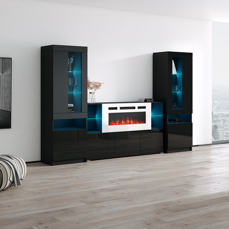 Camberlynn 110.2" Modern Entertainment Center with Electric Fireplace, High Gloss Finish, Media Storage, Black
