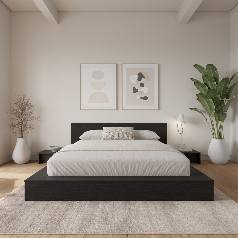 Ensemble de chambre à coucher avec lit plateforme 3 pièces Makoa, Black, Très grand lit