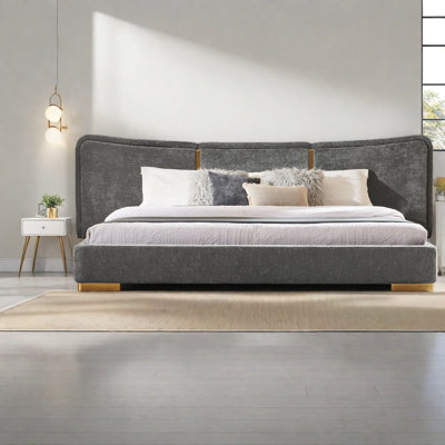 Modern King Beds, Chenille Mdf Frame With Metal Legs For Spacious Home