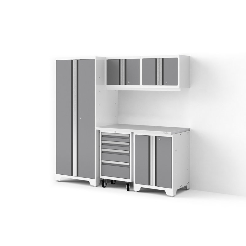 Ensemble de 6 armoires de garage Bold XL Series Platinum avec outil, base, armoires murales, plan de travail en acier inoxydable et Casier