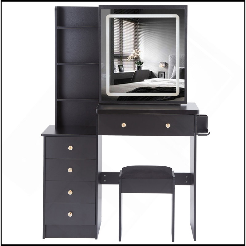 37" Middle Size Left Bedside Cabinet Vanity Table + Cushioned Stool Dresser Set, 2 AC+2 USB Socket, Hair Dryer Stand, Large Touch Control LED Sliding Mirror, 3-Color Switch, EPA, GCC, UL Certificate