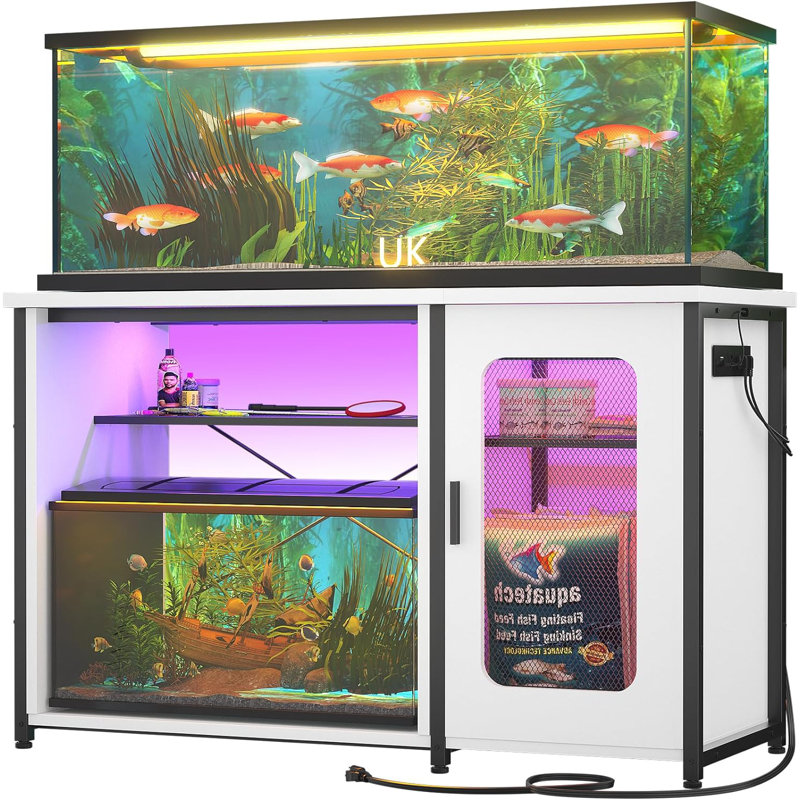 Support d'aquarium rectangulaire Eleodoro 55-75 gallons avec prises de courant et lumière DEL, Blanc