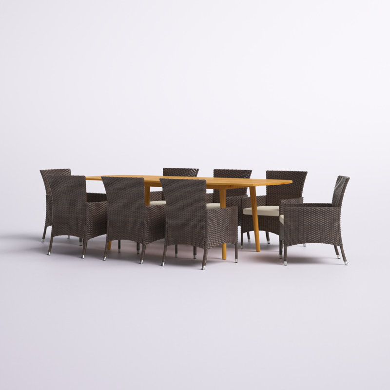 Anxhela 8 - Person Acacia Wicker Patio Dining Set with Extendable Rectangular Table , Cushions Included