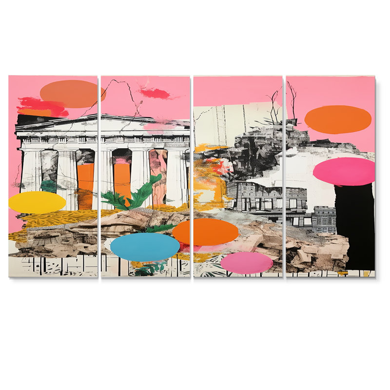 Collage grec antique antique Parthénon - paysage abstrait, art mural 4 pièces, H 32 po x l 64 po