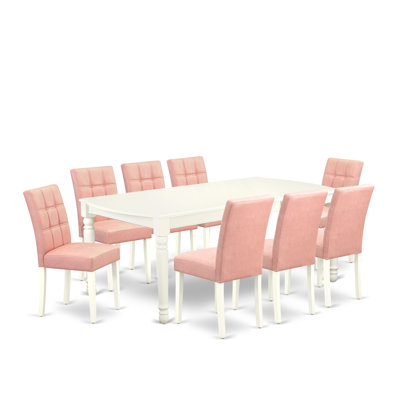 L'ensemble de 9 tables de salle à manger modernes comprend une table en bois et 8 chaises de cuisine Parson en tissu de polyester beige rouge avec dossier élégant - finition lin blanc