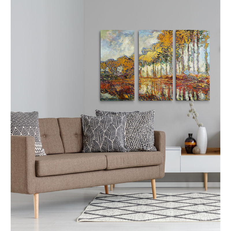 Peupliers sur les rives de la rivière Epte - Reproduction d'art sur toile à pièces multiples, H 24 po x l 36 po x P 1,5 po