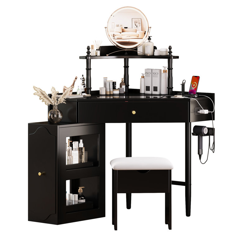 Corner Vanity Desk With Charging Station, Glass Tabletop, Removable Cabinet And Storage For Organized Beauty Makeup Routine Black Cushioned Stool, Tabletop Jewelry Drawer