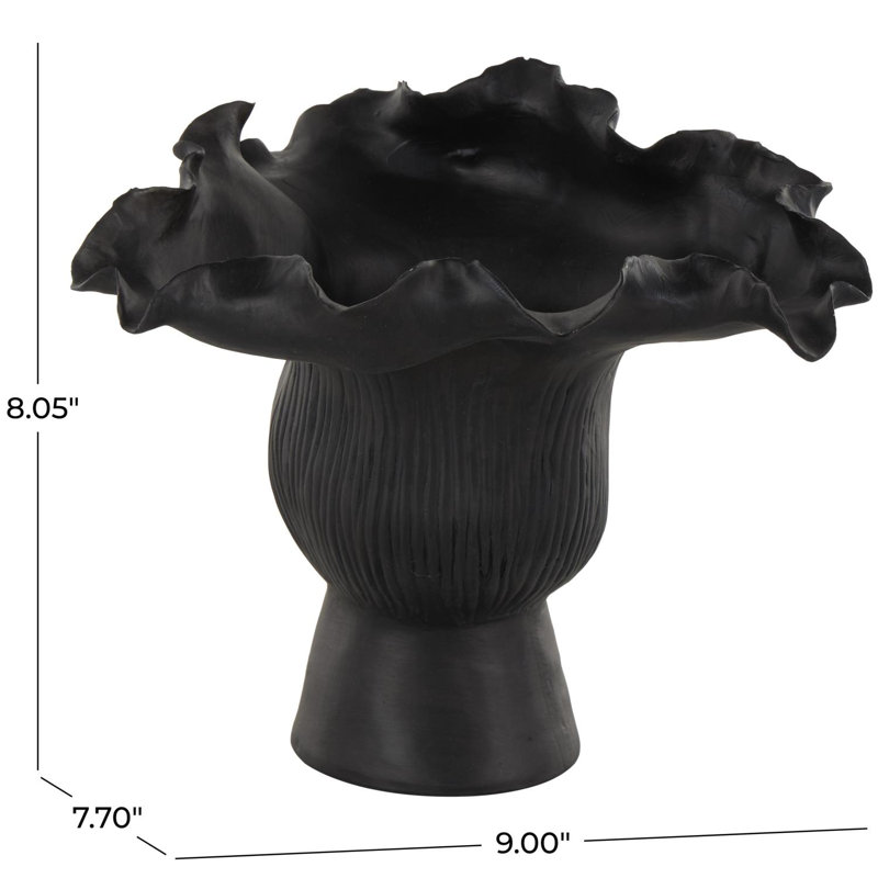 Aceves Floral Inspired Abstract Vase With Linear Grooves, Black