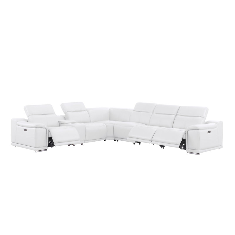 7-Piece L-Shaped Power Reclining Sectional In Genuine Leather – 3 Recliners, White Top Grain Leather