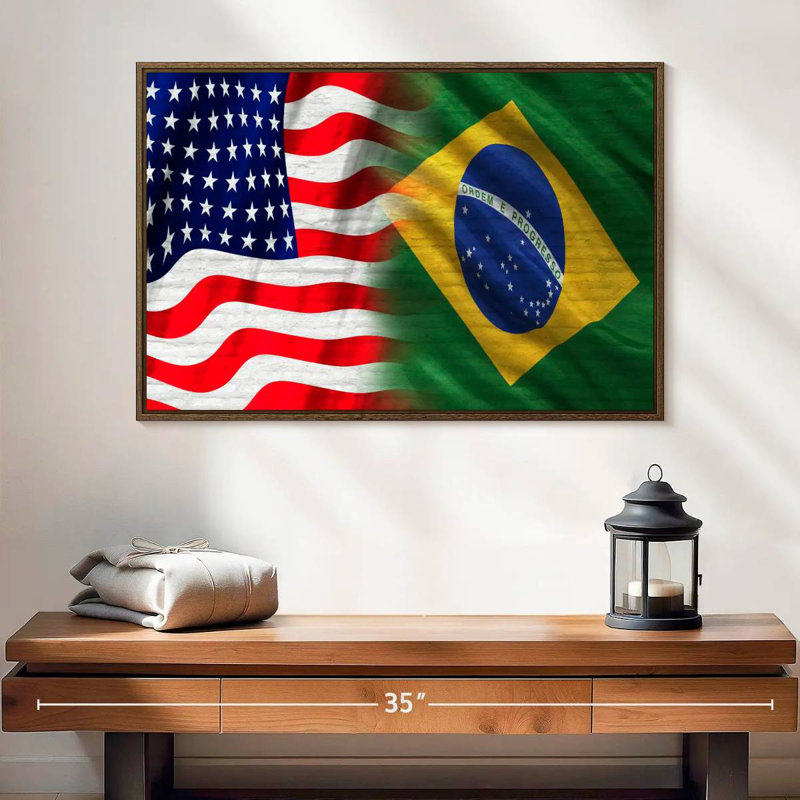 Drapeau des États-Unis et du Brésil, 25 po x 17 po, Cadre flottant en noyer