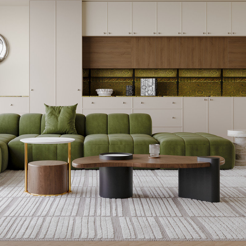 Walnut Coffee Table Set with Freeform Tabletop & White Stone Accent, Round Side Table with Gold Frame