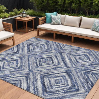 HomeRoots 9' X 12' Navy Blue And Sky Blue Geometric Washable Indoor Outdoor Area Rug