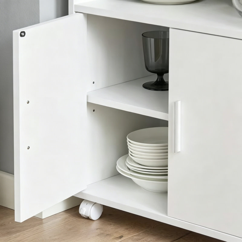 Wheeled White Storage Cabinet with Doors & Adjustable Shelf, Compact Microwave Trolley Unit for Kitchen Dining Office, 92 x 59 x 40cm