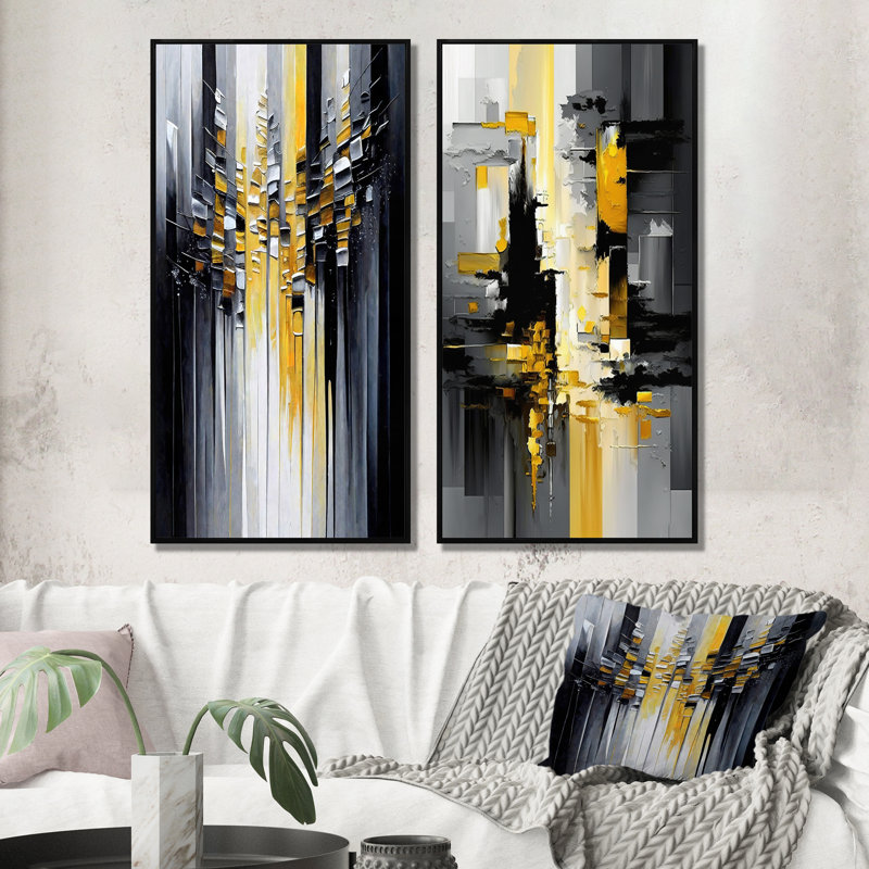 Art mural noir et jaune géométrique, ensemble de 2 pièces sur toile - abstrait géométrique noir et jaune III, Cadre noir