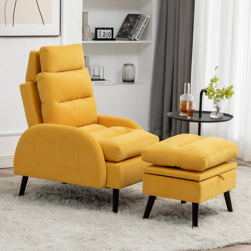 Jonilda Upholstered Accent Chair and Ottoman with  Adjustable Backrest, Yellow Velvet