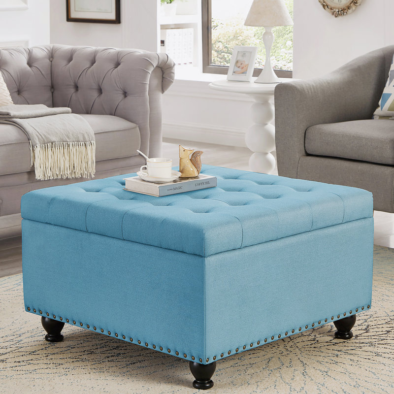 Square Tufted Upholstered Linen Ottoman