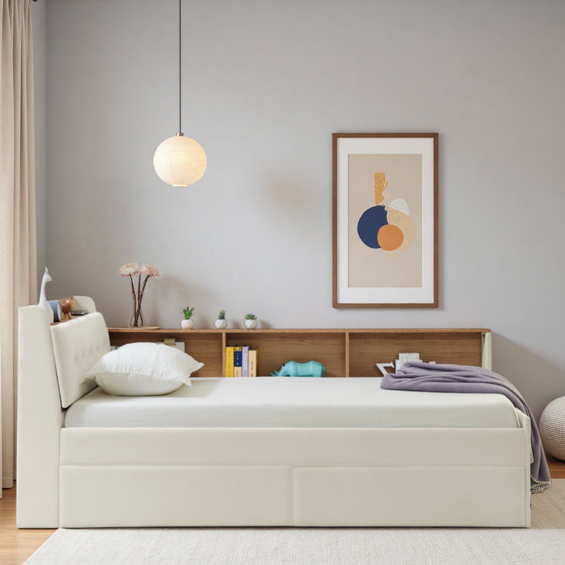 Multi-functional Daybed With Storage Headboard, Wireless Charging, 2 Storage Drawers And Led Lights, Beige