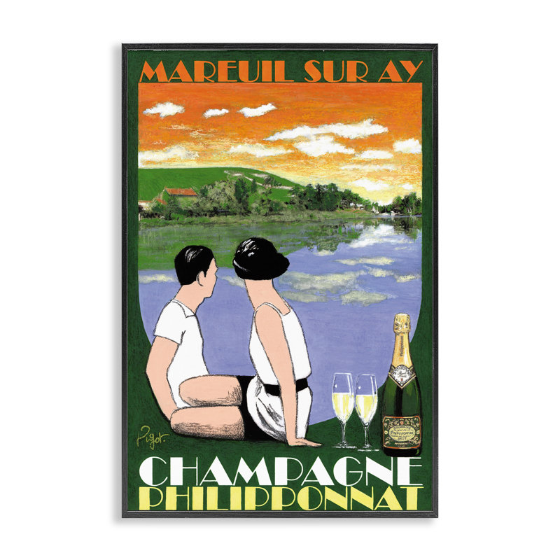 Champagne rétro avec vue, estampe numérique, conception de Jean-Pierre Got, H 24 po x l 16 po, Giclée encadrée noir minuit