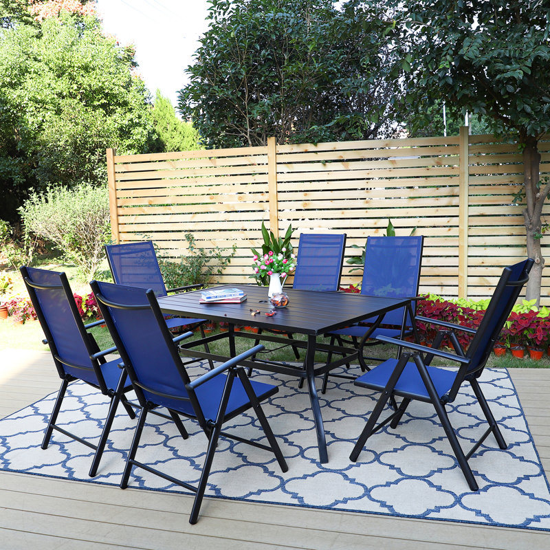 6 - Person Patio Dining Set Umbrella Hole Included Rectangular Table, Horizontal, Navy Blue