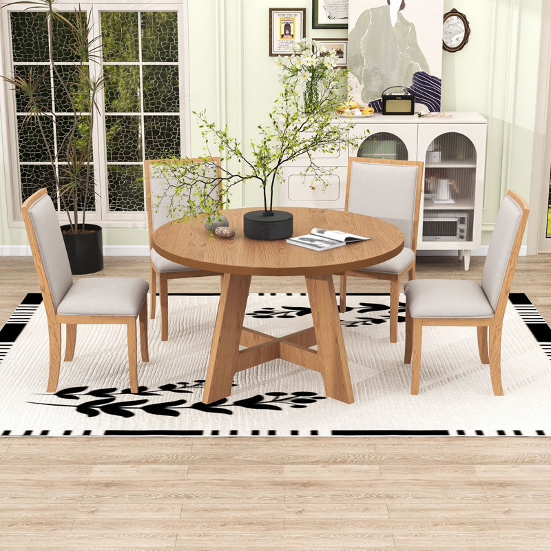 5-Piece Dining Table Set, Wood Extendable Dining Table with Removable Leaf and 4 Upholstered Chairs, Natural