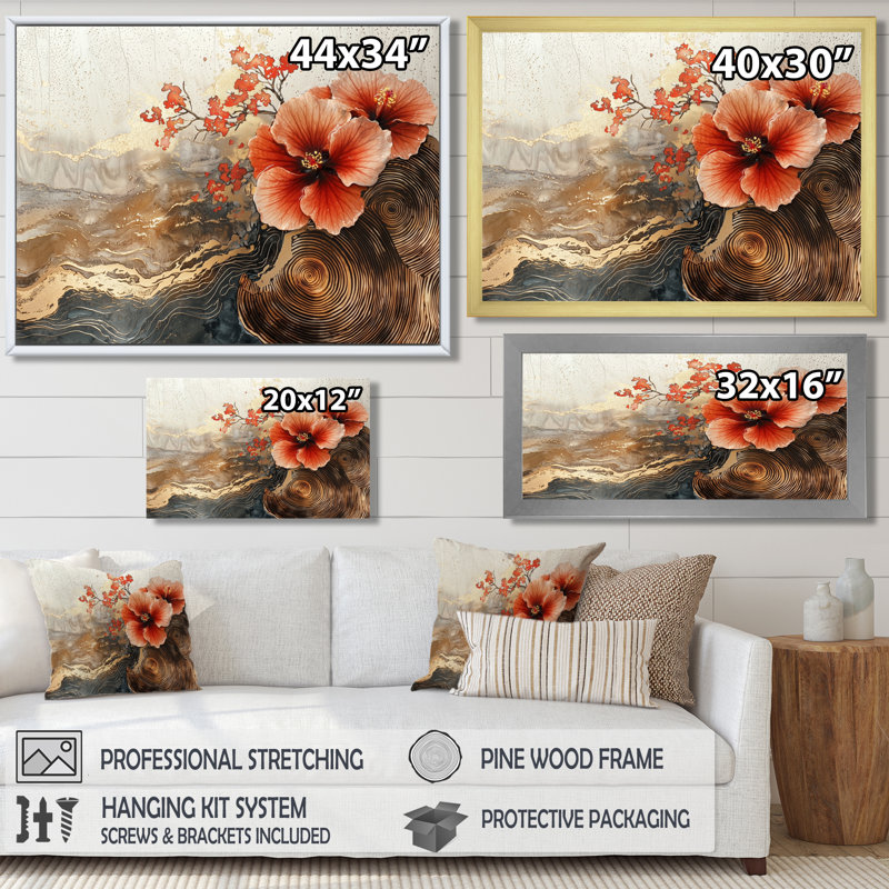 Imray Hibiscus Flowers Field On A Wooden Horizon I - Hibiscus Large, art mural, Brun, H 12 po x l 20 po