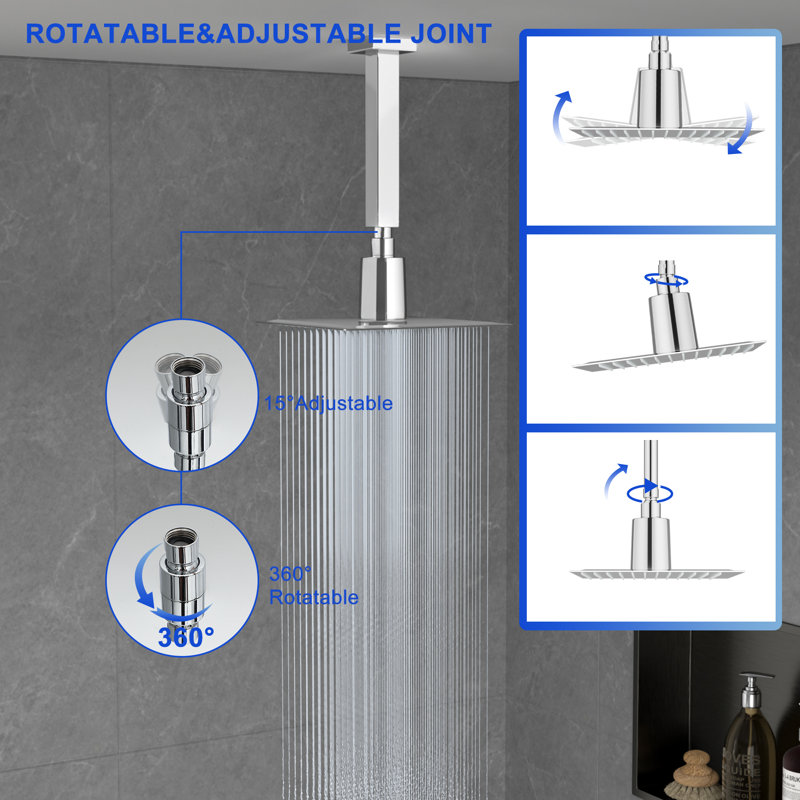 Pommeau de douche mince à effet pluie, fixation au plafond, style carré, 10 po de largeur, Chrome poli