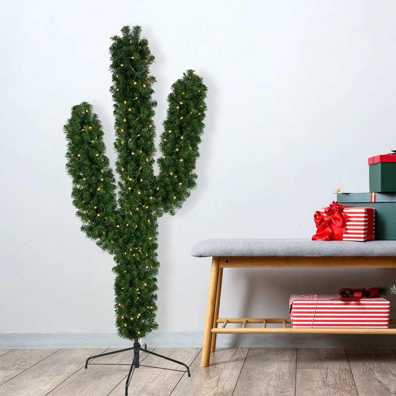 6-Foot Green Pine Cactus Christmas Tree with Clear LED Lights