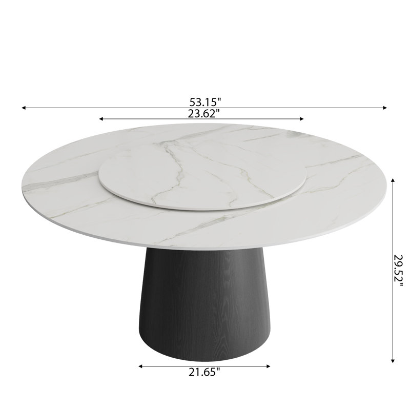Round Sintered Stone Jaihao Solid Wood Pedestal Base With 360° Lazy Susan Tray, Blanc / Gris, Noir