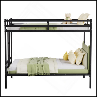 Queen Bunk Bed, Metal Bed Frame With Full-Length Guardrail And Ladder, Black.