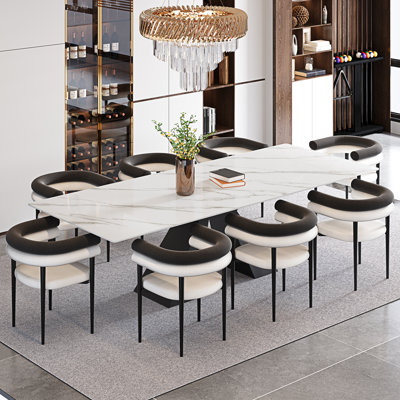 Chinguun 94.5'' Extendable Sintered Stone Dining Table With Upholstered Fabric Armchairs Dining Set